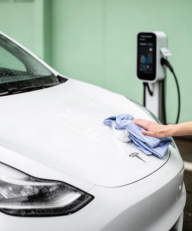 Weißes Elektroauto bei einer schonenden Außenreinigung mit sichtbarer Ladestation in Köln