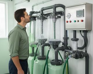 Mitarbeiter kontrolliert den Wasserkreislauf der umweltfreundlichen Waschanlage