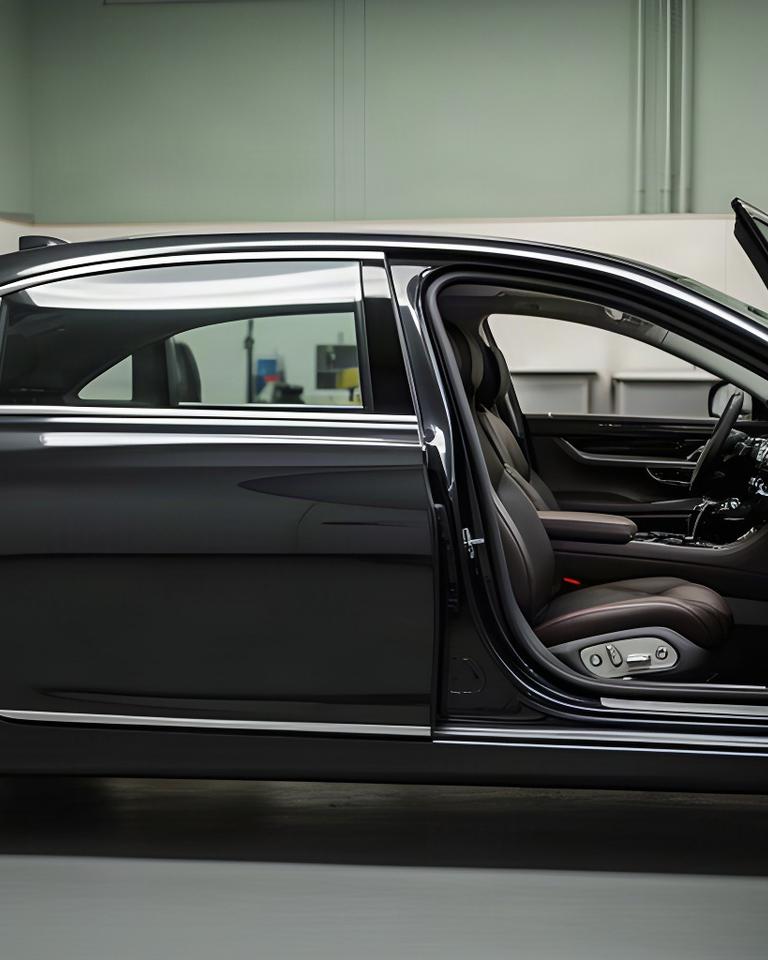 Dunkle Mercedes S-Klasse mit gepflegtem Lack und sauberem Innenraum in einer Detailing-Halle